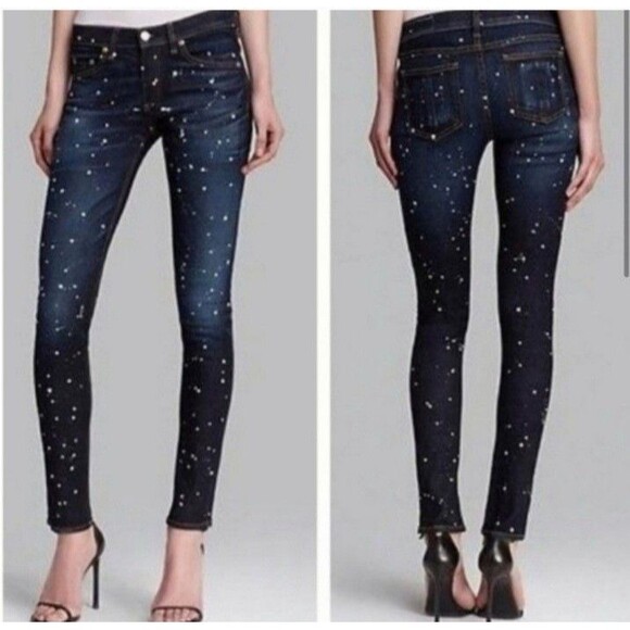 Rag Bone Blue Splatter Straight Leg Mid-rise Stretch Jeans Womens Size 27×29 - Picture 1 of 10